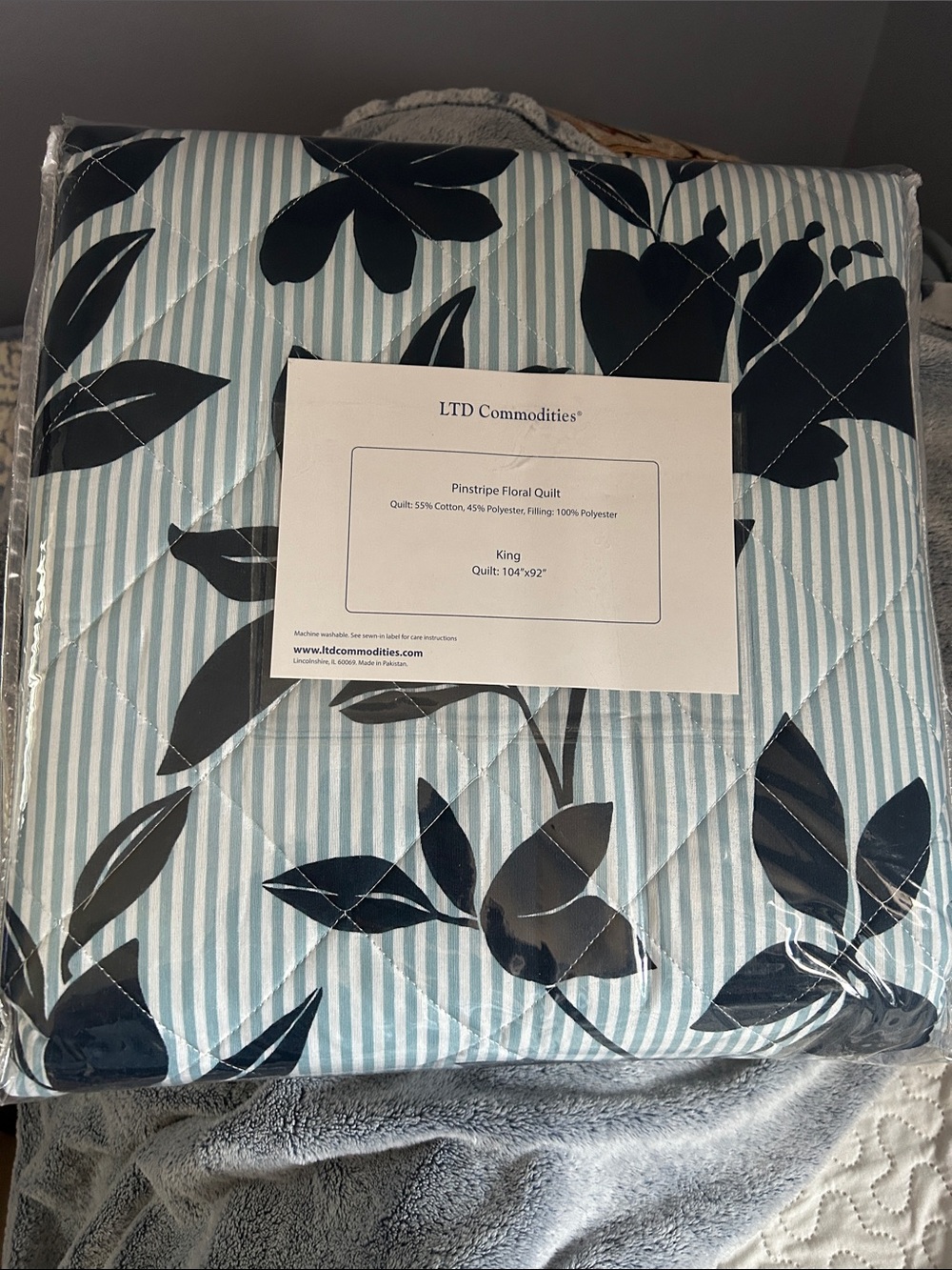 New LTD Commodities Blue Pinstripe Floral Quilt - King